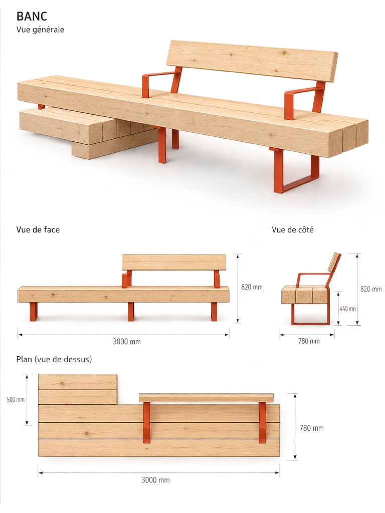 Banc trois assises — vues techniques